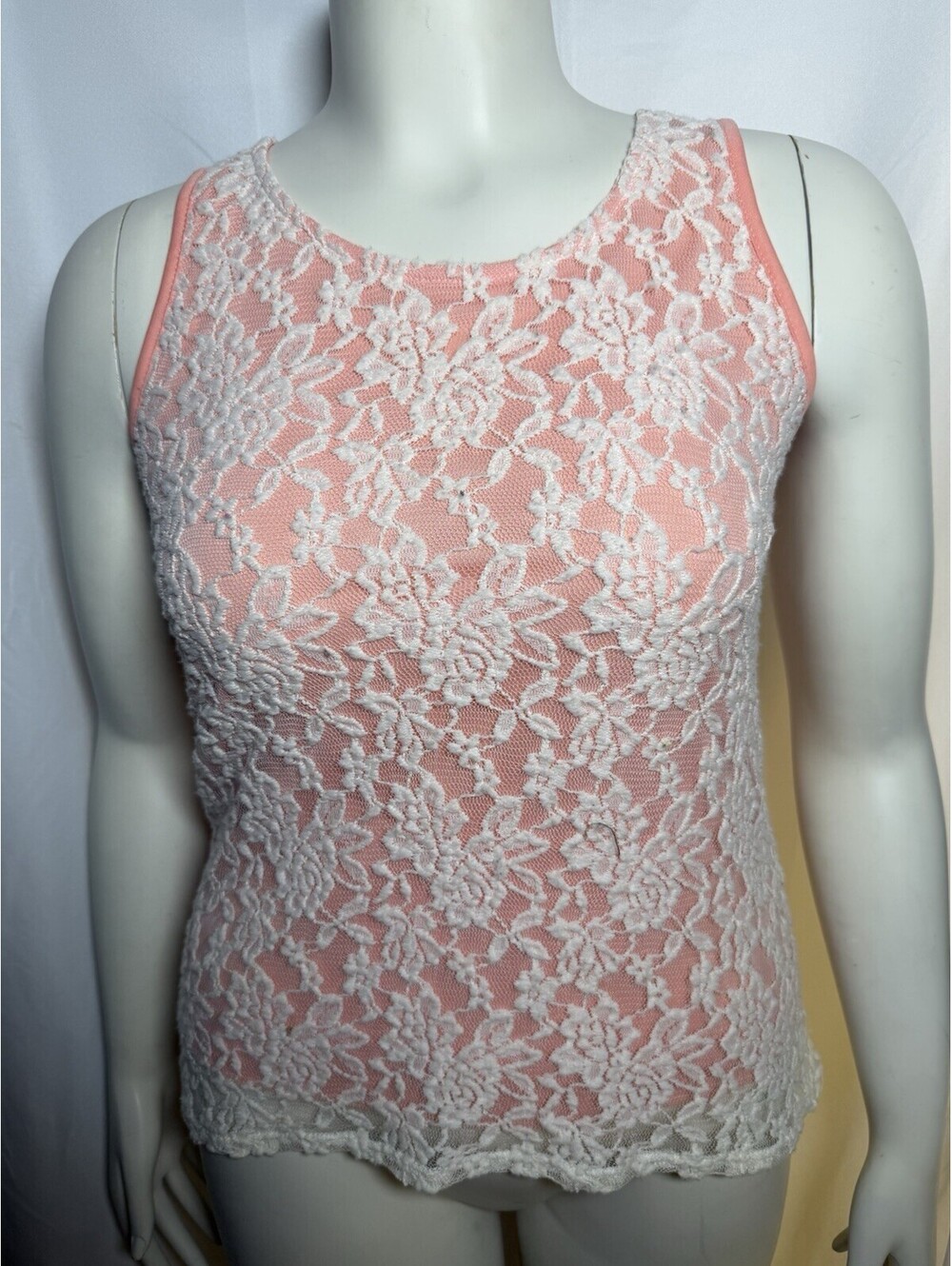 Tea n Rose Pink & White Floral Lace Sleeveless Tank Top Large Romantic Feminine